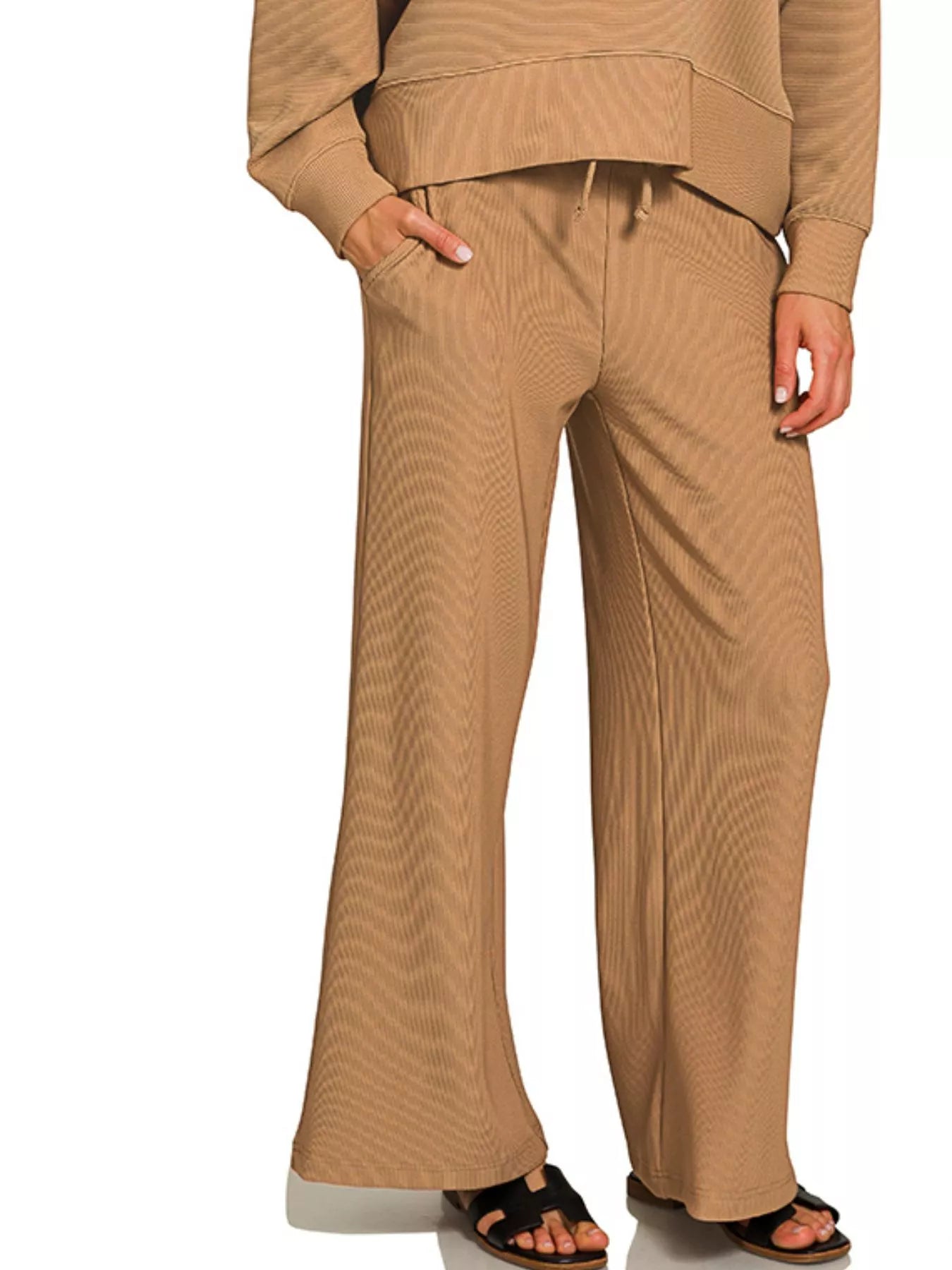 Zenana Deep Camel Ribbed Round Neck Pullover and Drawstring Pants Set
