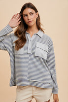 Annie Wear Gray Combo Striped Button Detail Long Sleeve Polo Top