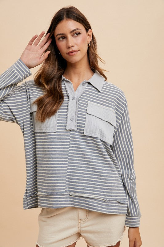 Annie Wear Gray Combo Striped Button Detail Long Sleeve Polo Top