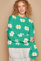 POL Shamrock Daisy Pattern Drop Shoulder Balloon Sleeve Sweater Shamrock Trendsi