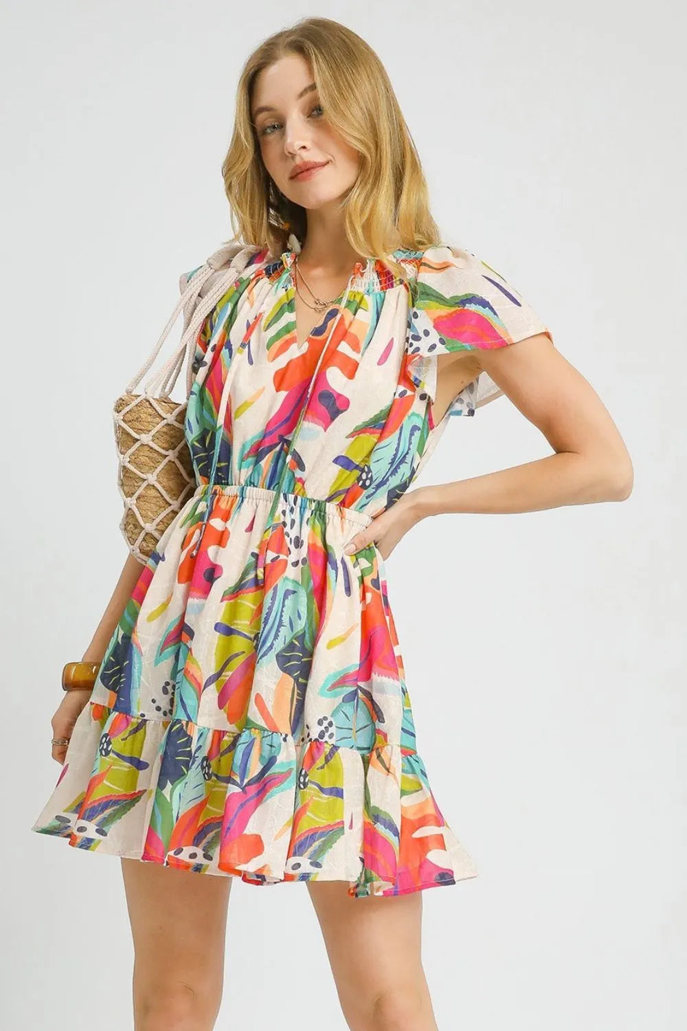 Umgee Orange Mix Tropical Printed Tie Neck Ruffled Hem Dress Orange