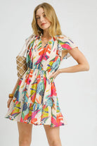 Umgee Orange Mix Tropical Printed Tie Neck Ruffled Hem Dress Orange