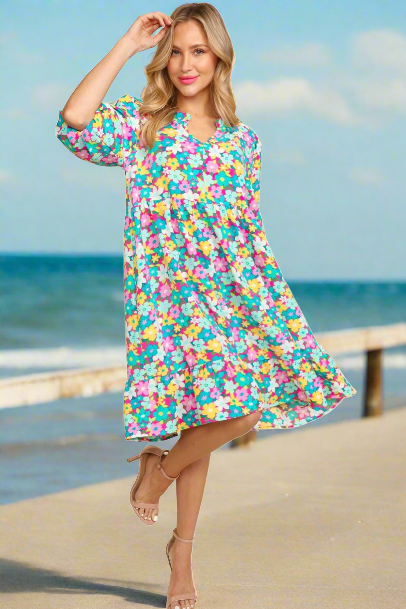 Haptics Mint Bubble Sleeve Floral Ruffled Dress Trendsi