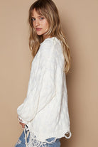 POL Cream Weaving Cable Knit Distressed Long Sleeve Sweater Trendsi