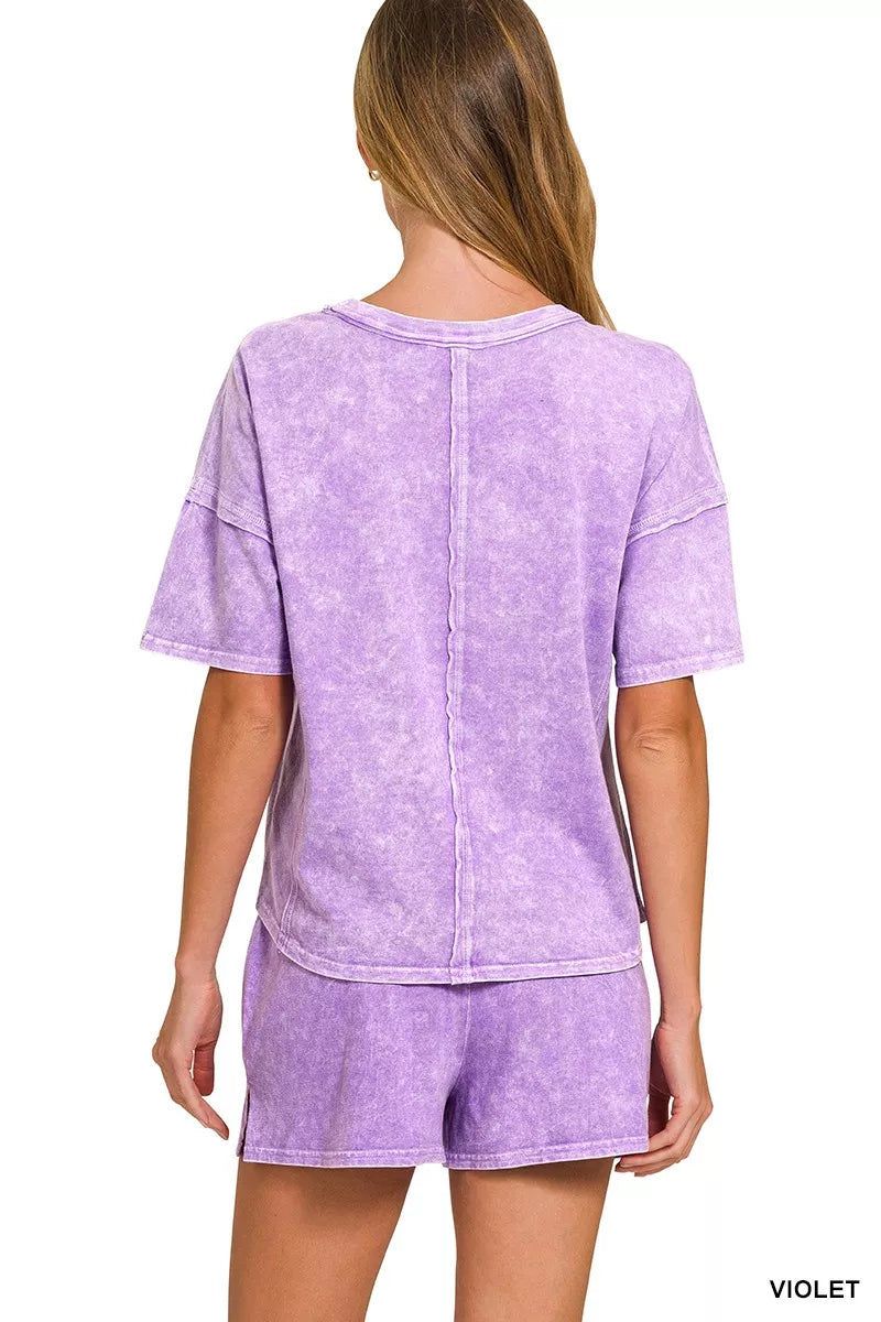 Zenana Violet Halo Snow Washed Short Sleeve Tee and Shorts Set