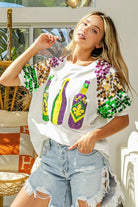 BiBi Sequin Mardi Gras Bottles Spangled Sleeve Top