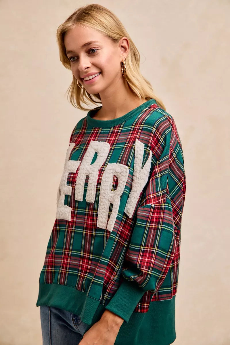 BiBi Merry Letter Patches Christmas Plaid Sweatshirt