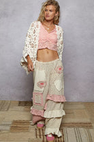 POL Openwork V-Neck Chenille Cardigan with Contrast Floral
