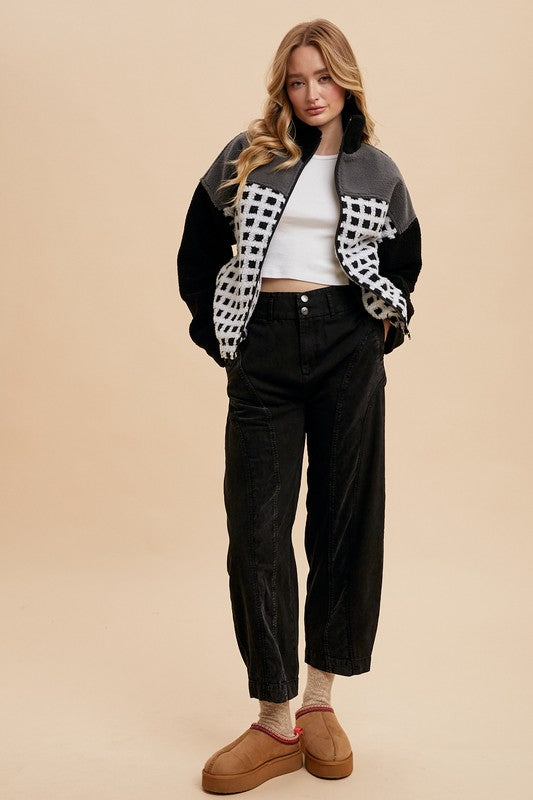 Annie Wear Ivory & Black Plaid Zip Up Drop Shoulder Sherpa Jacket