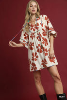 Umgee Two Tone Floral Tie-Neck Babydoll Dress in Rust