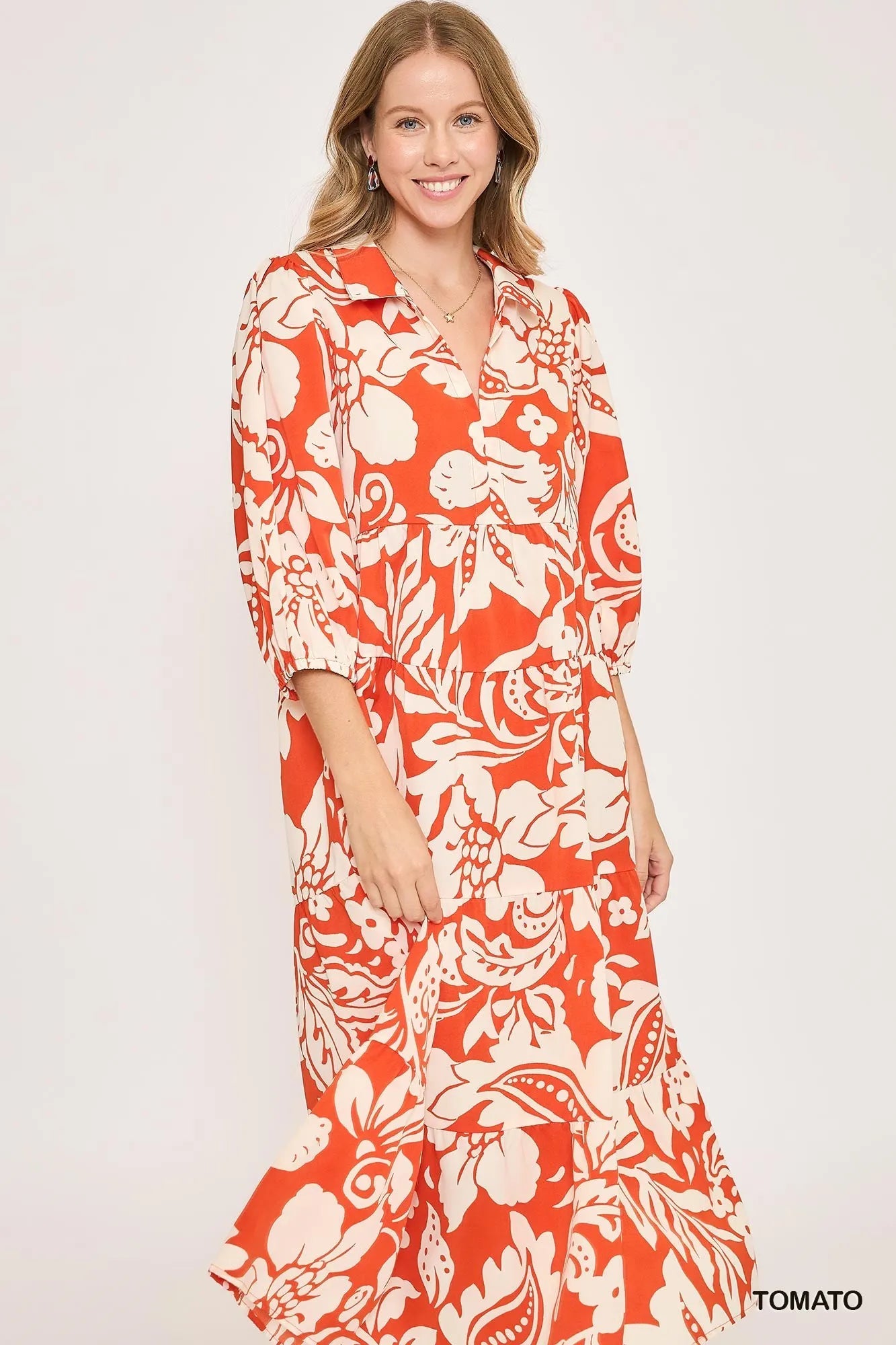 Umgee Tomato Floral Print Tiered Midi Dress