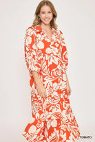 Umgee Tomato Floral Print Tiered Midi Dress