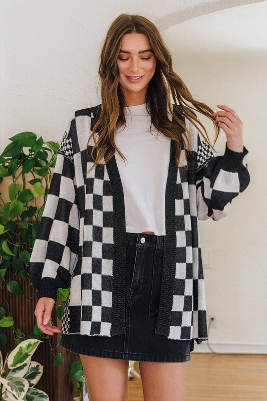 Annie Wear Black Checkered Open Front Drop Shoulder Cardigan Black