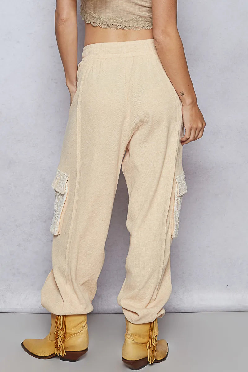 POL Apricot Contrast Lace Overlay Pocket Patch Thermal Knit Joggers