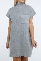 Zenana Mock Neck Short Sleeve Sweater Dress with Pocket in 6 Colors! H GREY ZENANA