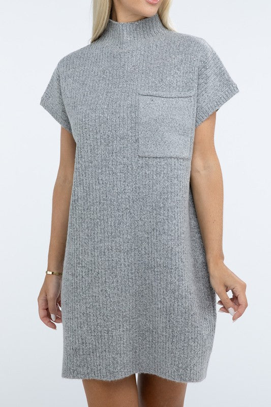 Zenana Mock Neck Short Sleeve Sweater Dress with Pocket in 6 Colors! H GREY ZENANA