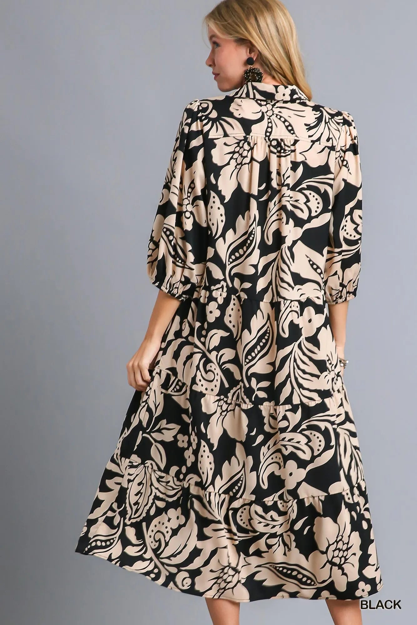 Umgee Black Mix Floral Print Tiered Midi Dress