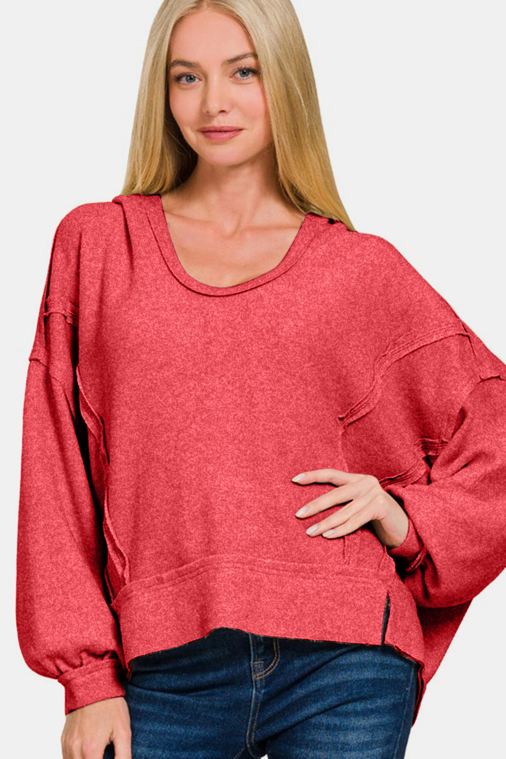 Zenana Red Brushed Hacci Exposed Seam Hoodie Shirts & Tops