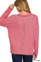 Zenana Dark Red Soft Melange Hacci Round-Neck Long Sleeve T-Shirt