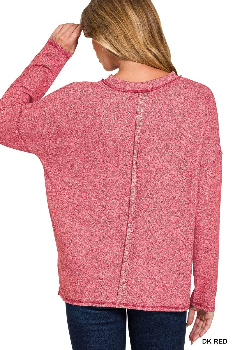 Zenana Dark Red Soft Melange Hacci Round-Neck Long Sleeve T-Shirt