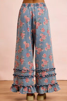 BiBi Washed Floral Denim With Ruffle Elastic Wide Pants