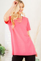 Heimish Hot Pink V-Neck Short Sleeve Top with Bar Detail