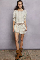 POL Cream Texture Long Sleeve Blouse with Floral Ruffled Details