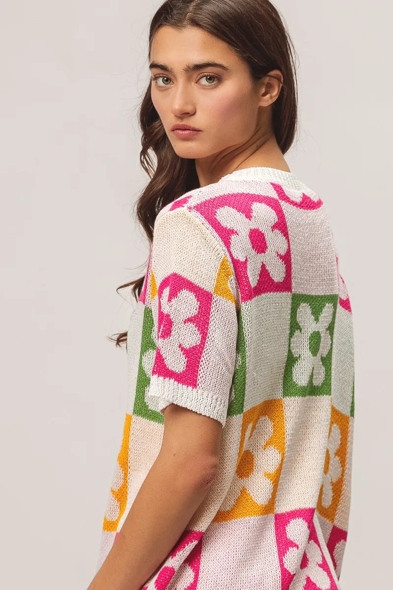 BiBi Multi Color Flower Checker Pattern Lightweight Sweater Top
