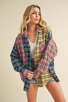 Aemi + Co Frayed Hem Color Block Plaid Drop Shoulder Long Sleeve