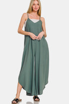 Zenana Ash Jade Spaghetti Strap Curved Hem Wide Leg Overalls with Pockets Jumpsuits & Rompers