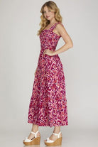 She + Sky Deep Rose Smocked Printed Wide Strap Tiered Dress