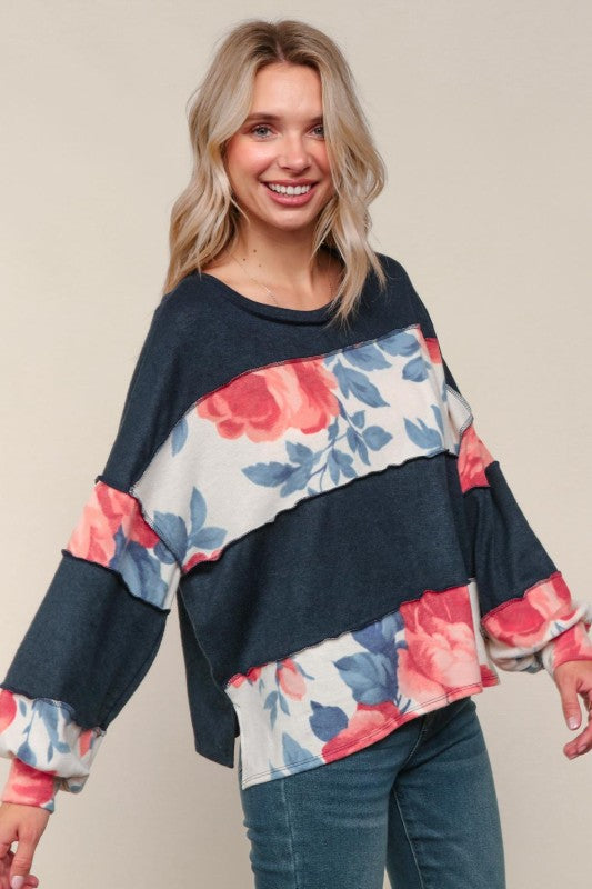 Haptics Floral Colorblock & Out-seam Overlock Stitching Long Sleeve Top