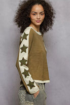 POL Olive Round Neck Long Sleever T-Shirt with Star Patch