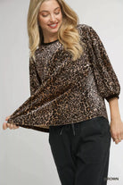 Umgee Brown Leopard Velvet Balloon Sleeve Blouse Brown