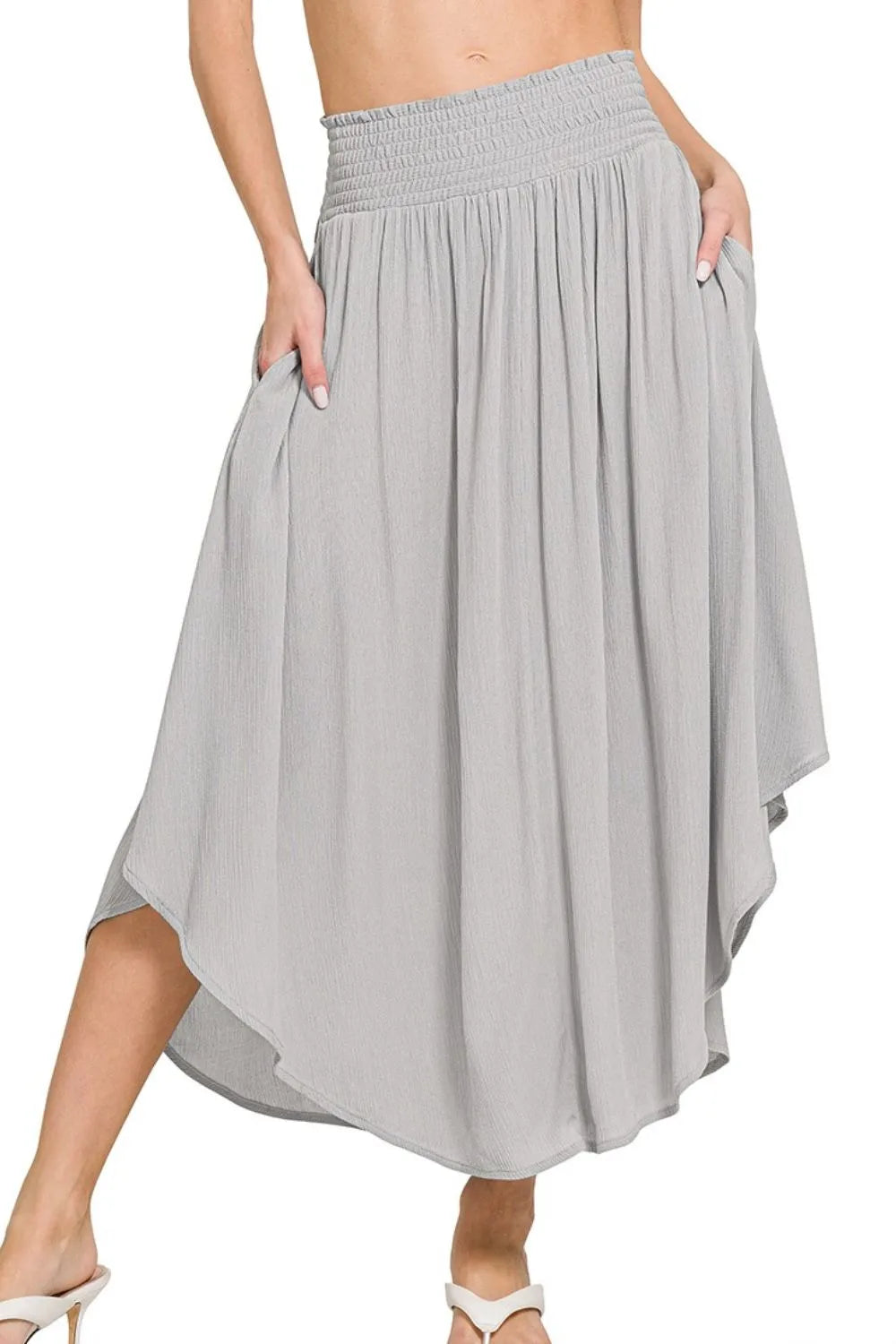 Zenana Light Gray Woven Crinkle Smocked Waist Maxi Skirt W Pockets LT GREY