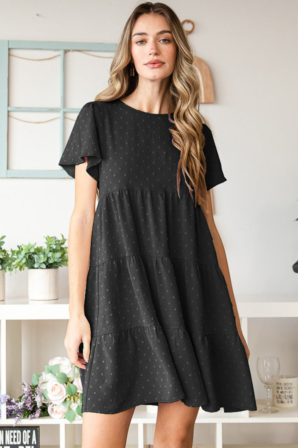 Heimish Black Swiss Dot Short Sleeve Tiered Dress Black Trendsi