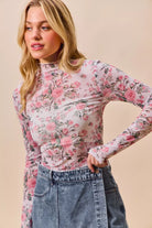 SO ME Pink Floral Rose Print Mesh Sheer Layering Top Pink