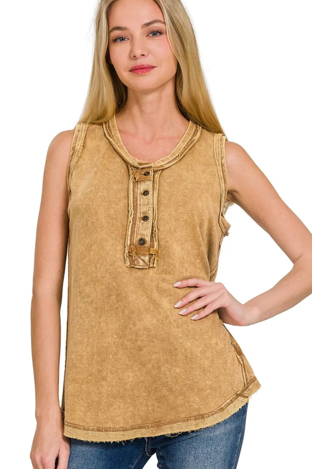 Zenana Dark Camel Washed Half-button Raw Edge Sleeveless Henley Top DK CAMEL