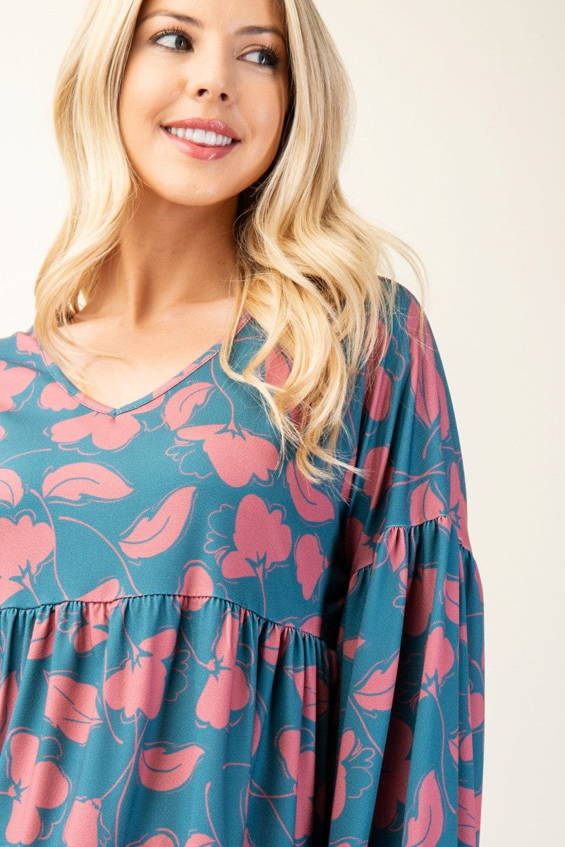 Celeste Teal Tiered Floral V-Neck Long Sleeve Blouse