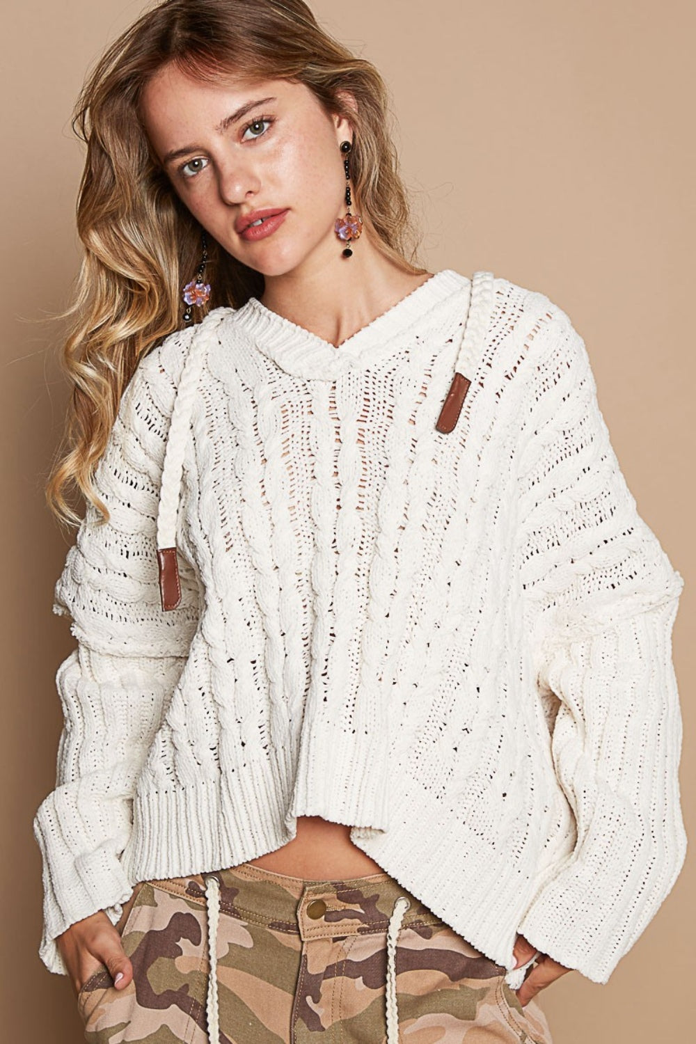 POL Cream Hooded Rib Weave Sleeves Cable Knit Sweater Trendsi