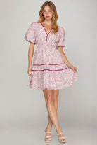 She + Sky Berry Printed V-Neck Puff Sleeve Tiered Dress BERRY