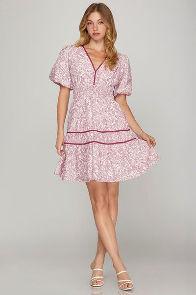 She + Sky Berry Printed V-Neck Puff Sleeve Tiered Dress BERRY