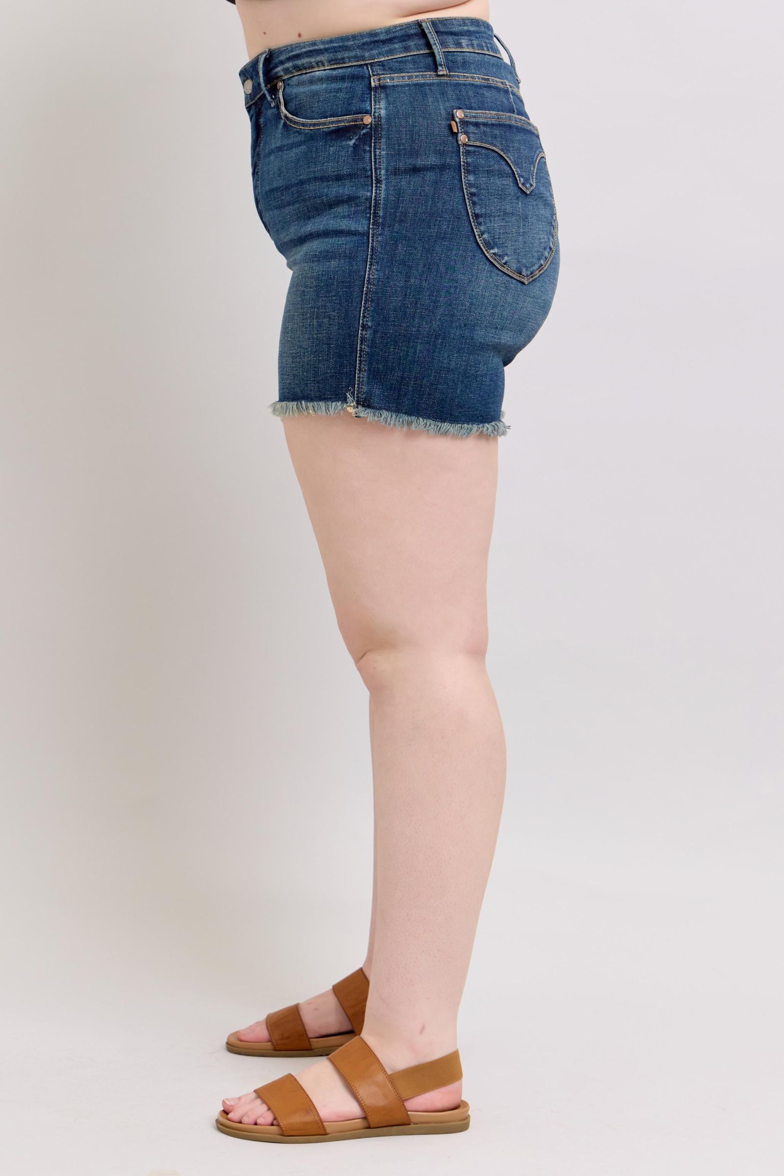 Judy Blue Dark Washed Tummy Control Fray Hem & Shield Back Pockets Denim Shorts