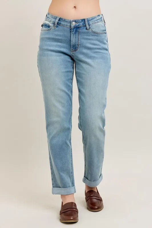 Judy Blue Medium Washed V-Front Cuff Boyfriend Jeans