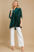 Umgee Pearl Detail Half Sleeve Velvet Babydoll Blouse in Hunter Green Shirts & Tops