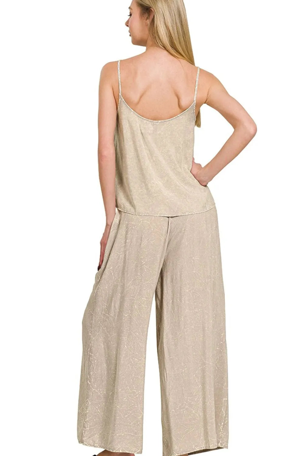 Zenana Ash Mocha Woven Acid Crinkle Washed Cami & Pants 2 Piece Set