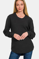 Zenana Ful Size Round Neck Long Sleeve Curved Hem Sweater Black