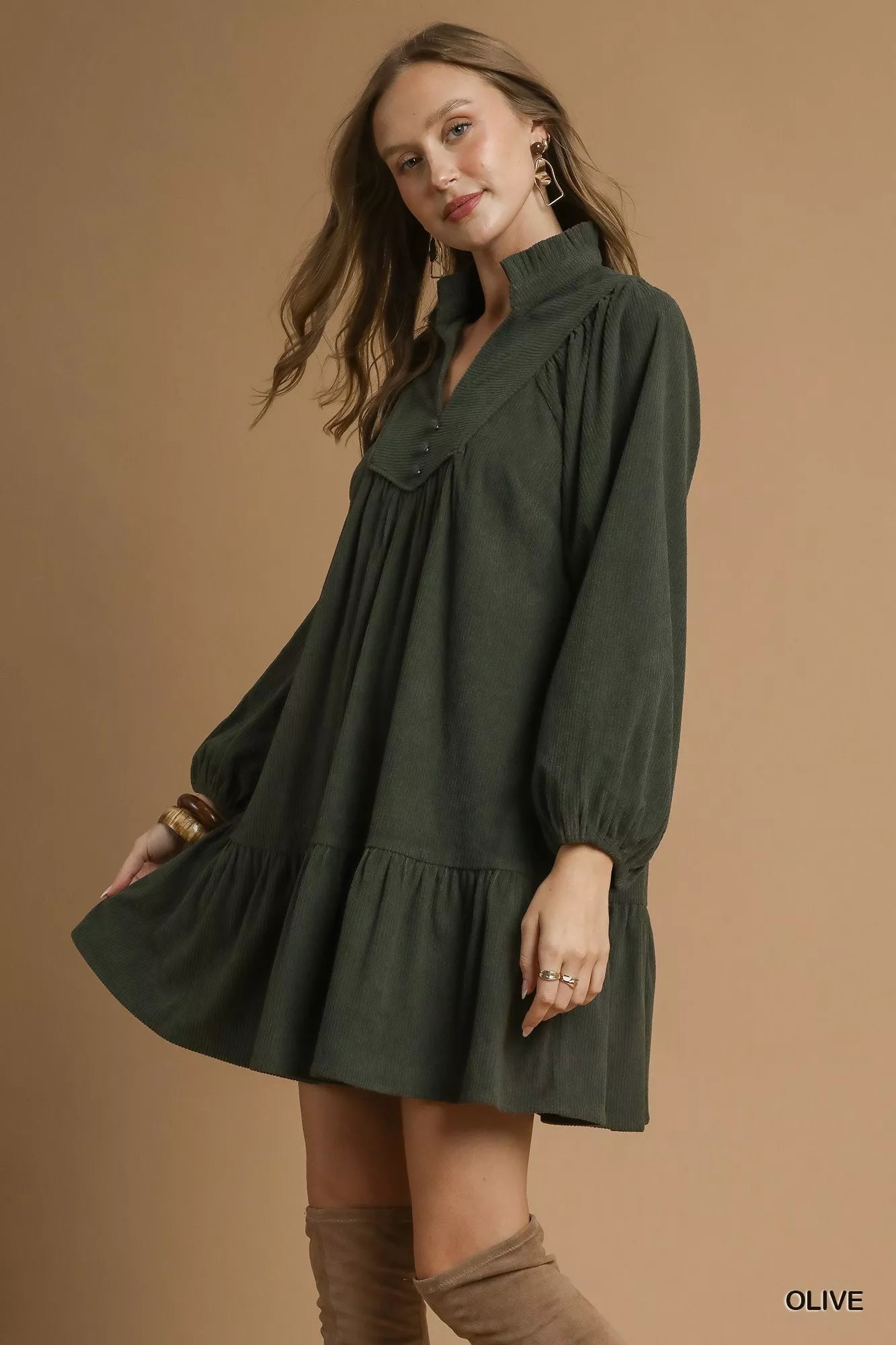 Umgee Olive Corduroy Tiered Babydoll Dress
