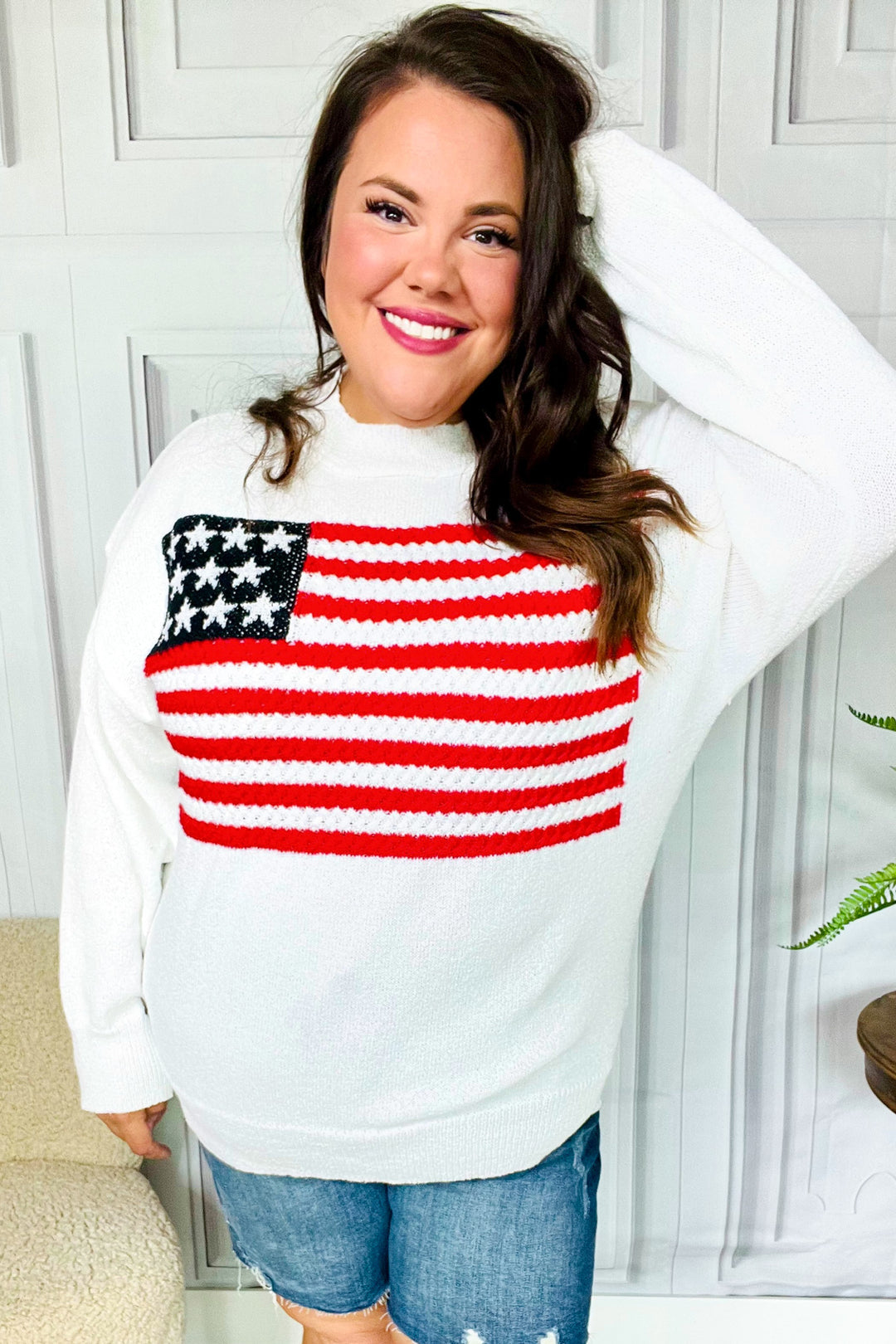 Haptics American Flag White Crochet Oversized Knit Sweater Haptics