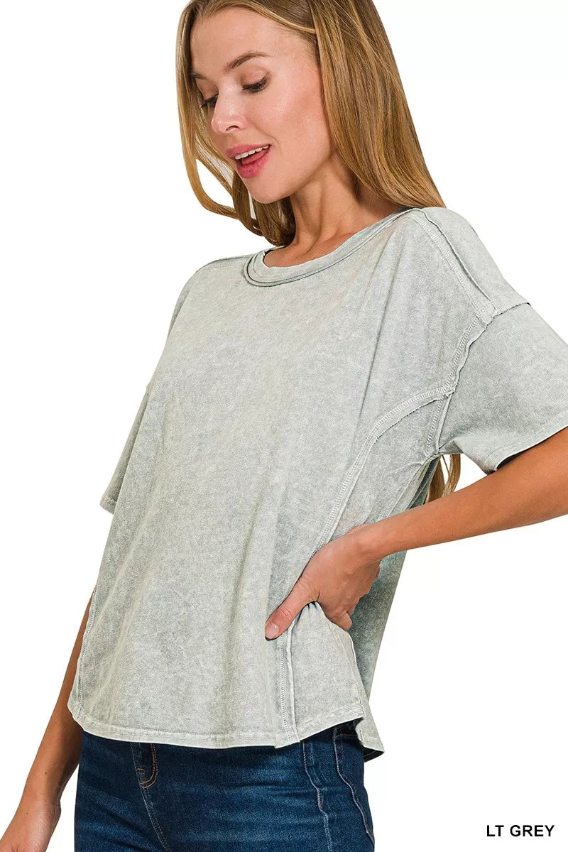 Zenana Light Gray Halo Snow Washed Short Sleeve Tee and Shorts Set
